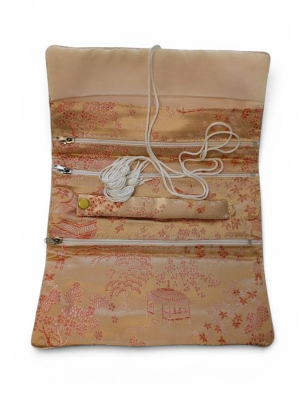 VINTAGE Jewelry Roll Travel Case Cream Coral Red Asian Satin